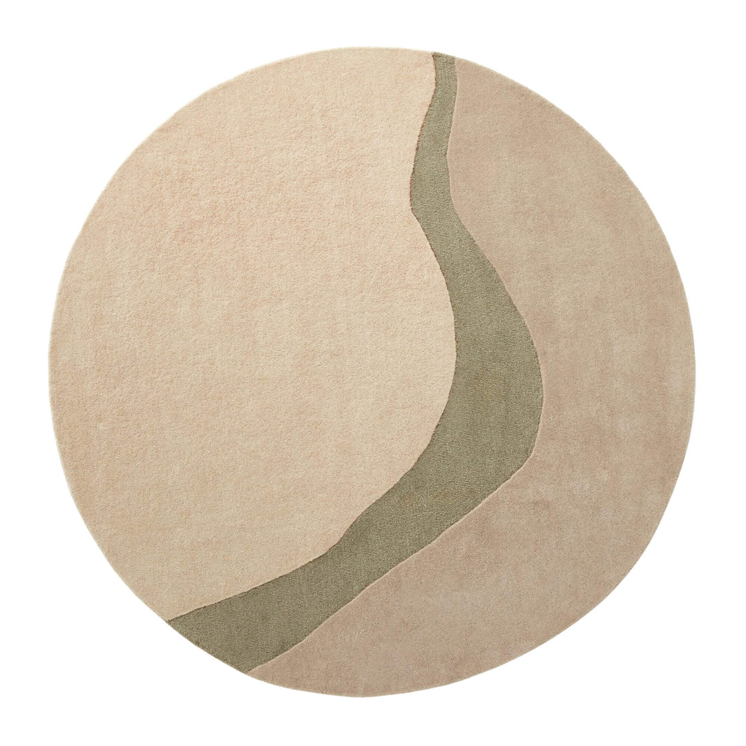 Front view of the Khaki Figari wool rug with soft flowing design in neutral tones.