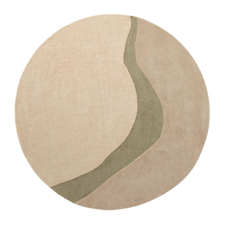Front view of the Khaki Figari wool rug with soft flowing design in neutral tones.