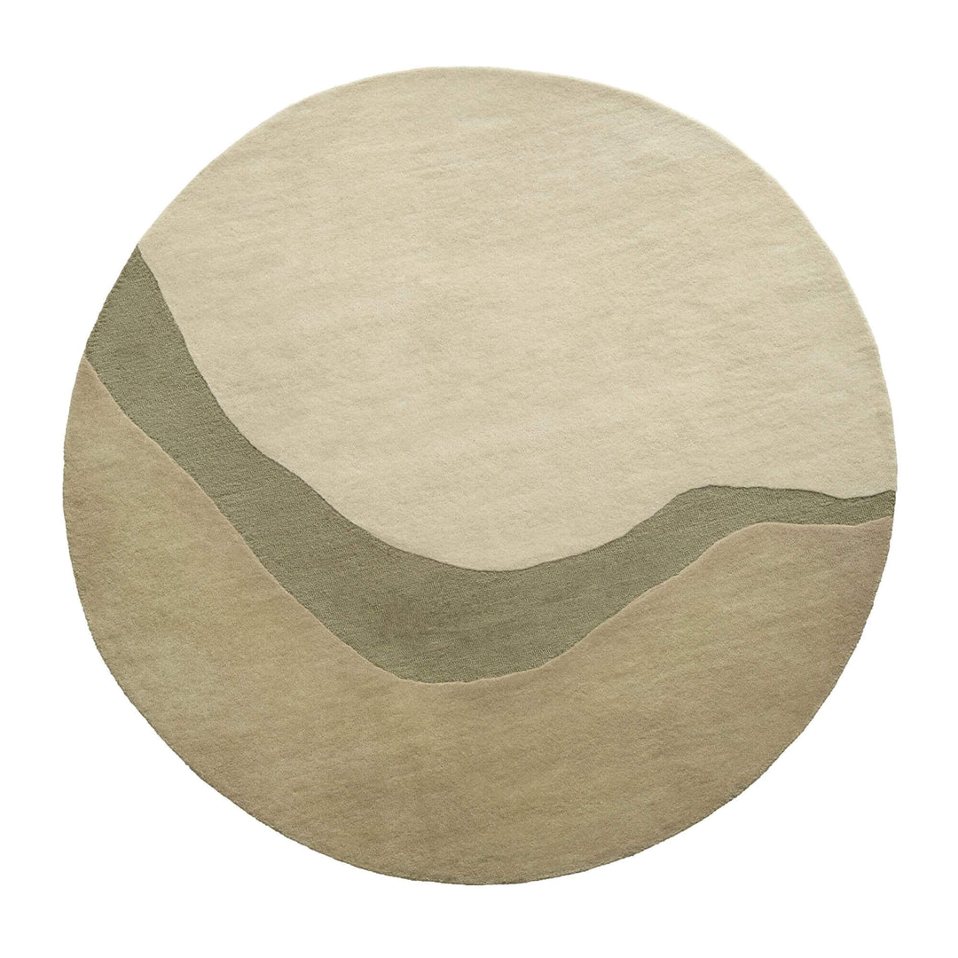Front view of the Khaki Figari wool rug with soft flowing design in neutral tones.