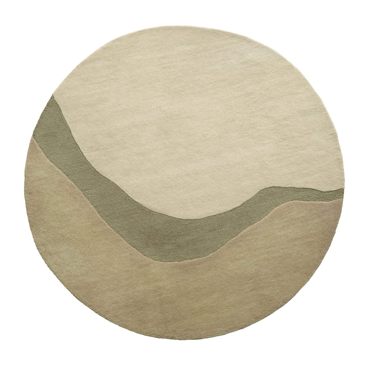 Front view of the Khaki Figari wool rug with soft flowing design in neutral tones.