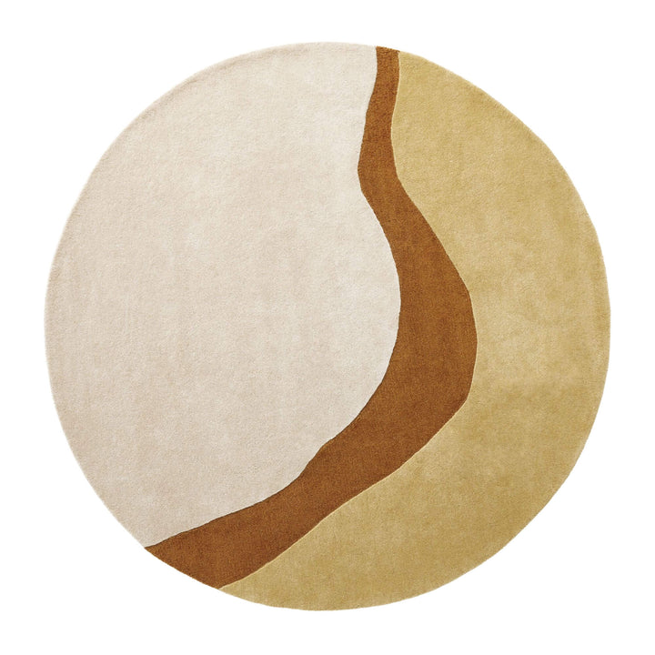 Front view of the Gold Figari wool rug with soft flowing design in neutral tones.