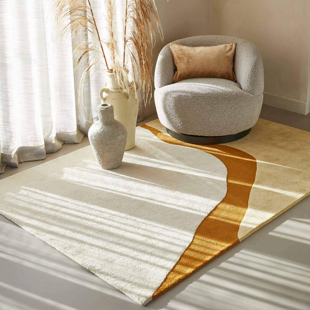 Figari rug displayed in a neutral color palette with organic abstract line.
