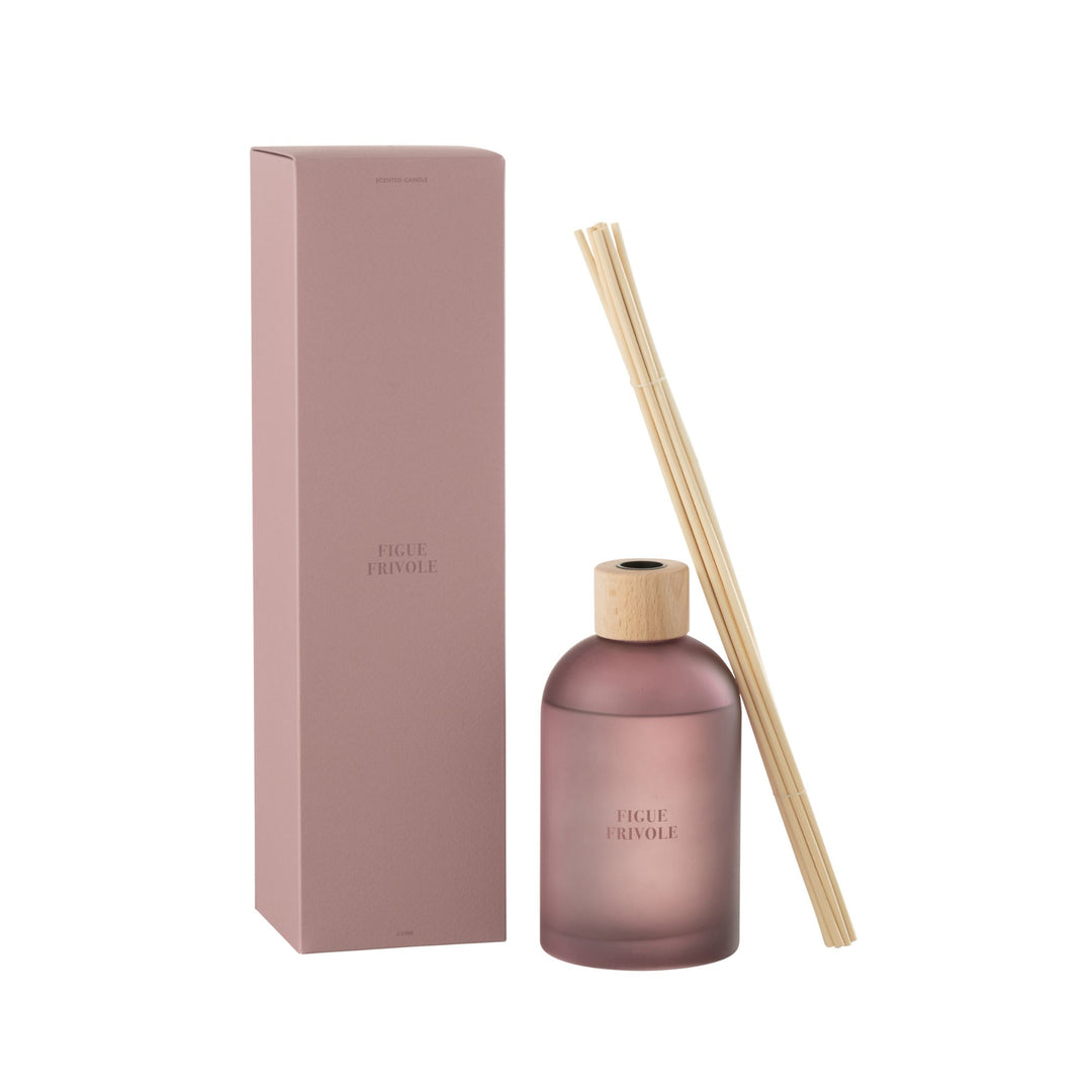 Diffuser next to its packaging showcasing the frosted bottle and reed sticks.