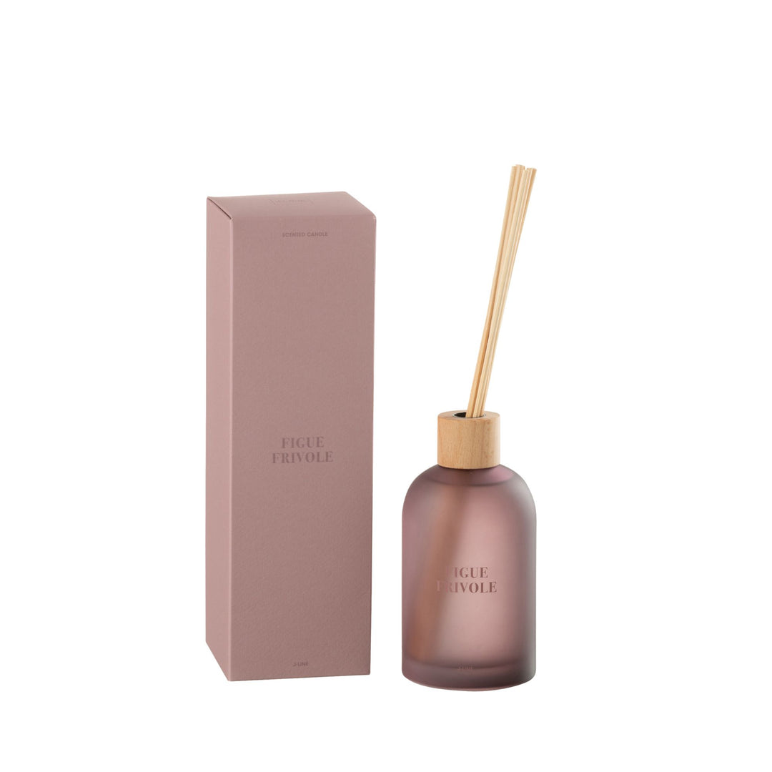 Diffuser next to its packaging showcasing the frosted bottle and reed sticks.