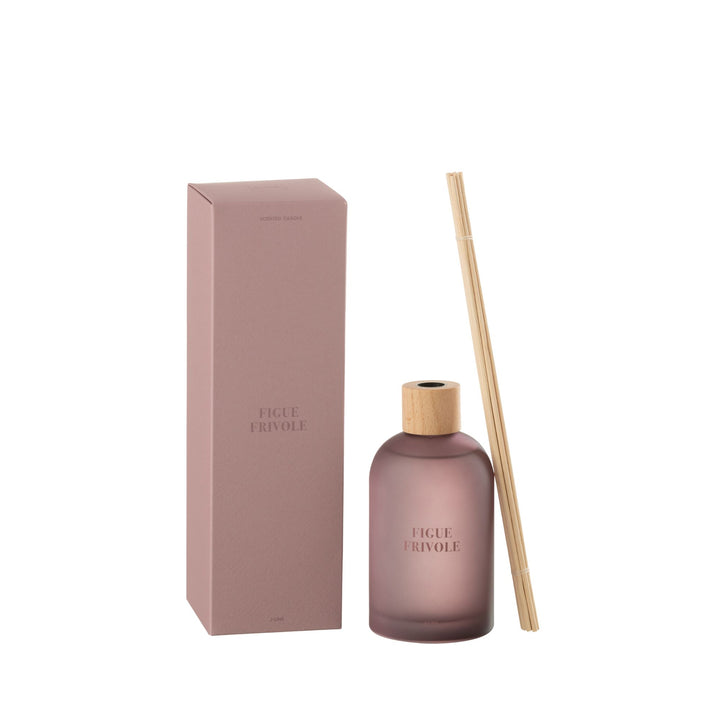 Diffuser next to its packaging showcasing the frosted bottle and reed sticks.