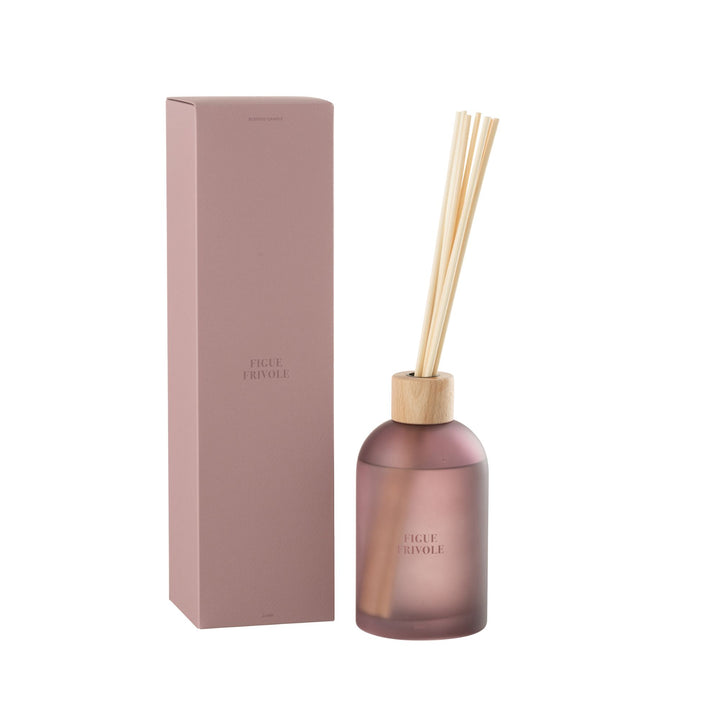 Front view of the Figue Frivole Diffuser with frosted mauve glass bottle and reeds.