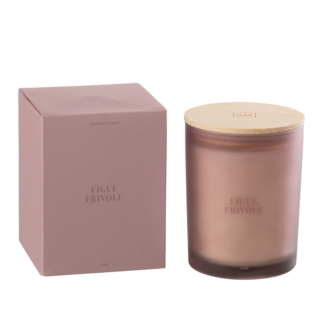 Front view of the Figue Frivole scented candle with mauve frosted glass and box.