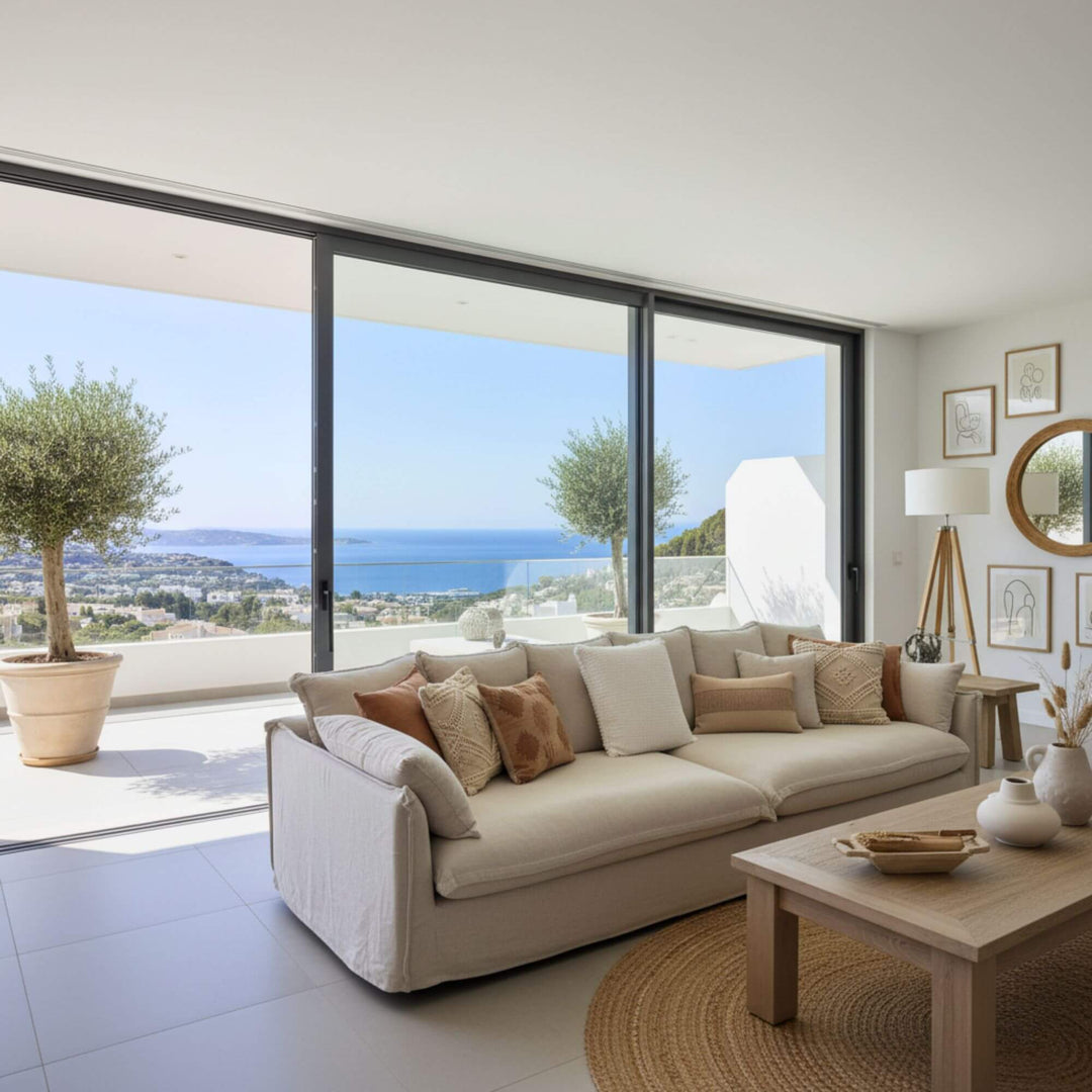 Firenze sofa in a Modern living room with a view of the ocean through large windows.