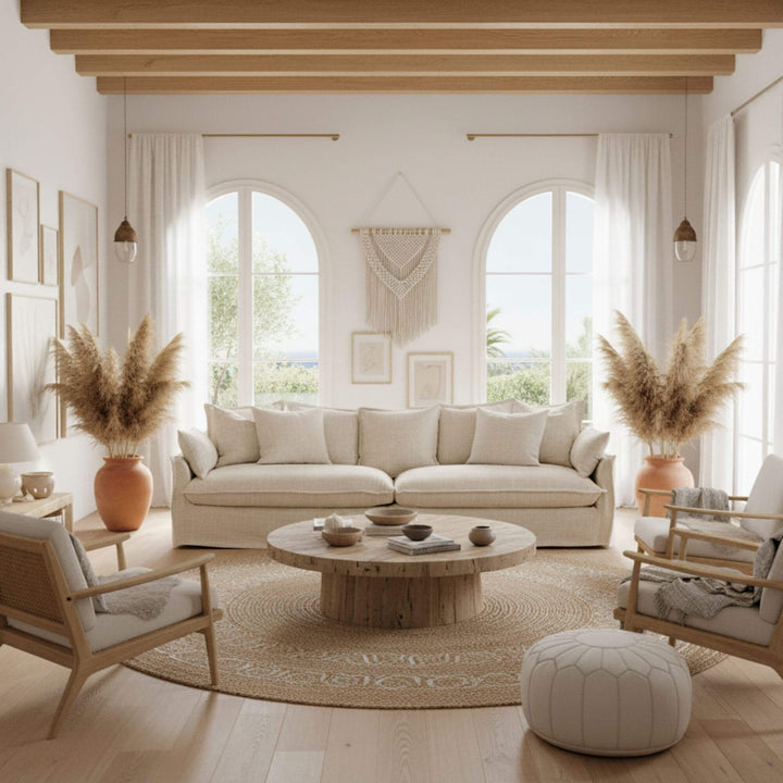 Firenze sofa in a Modern living room with neutral tones, wooden furniture, and decorative elements.