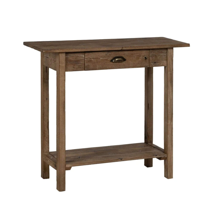 Angled three-quarter view of console table highlighting structure and proportions