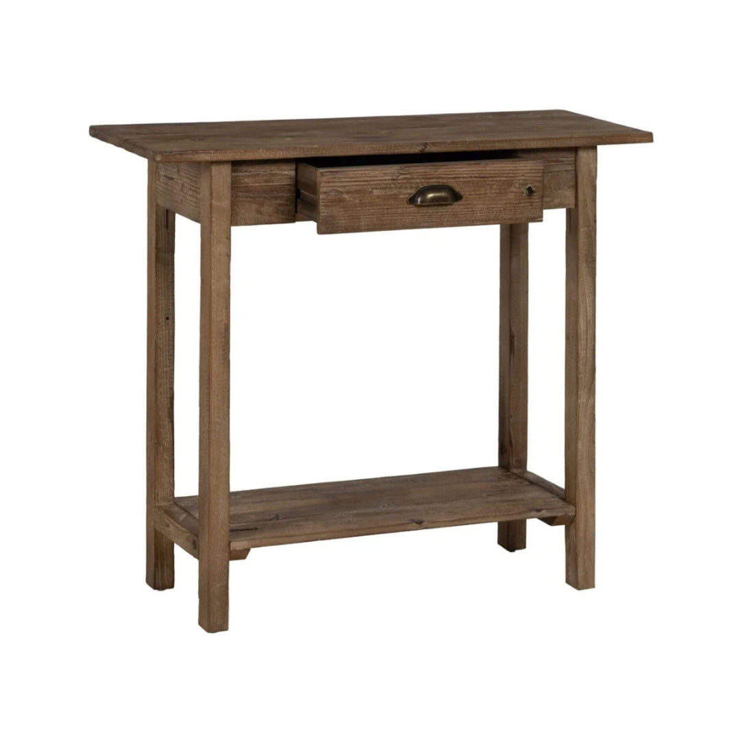 Centered front studio view of rustic fir console table