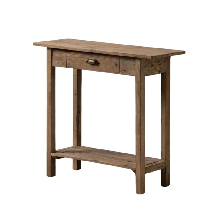 Full front view of fir wood console table with drawer and lower shelf
