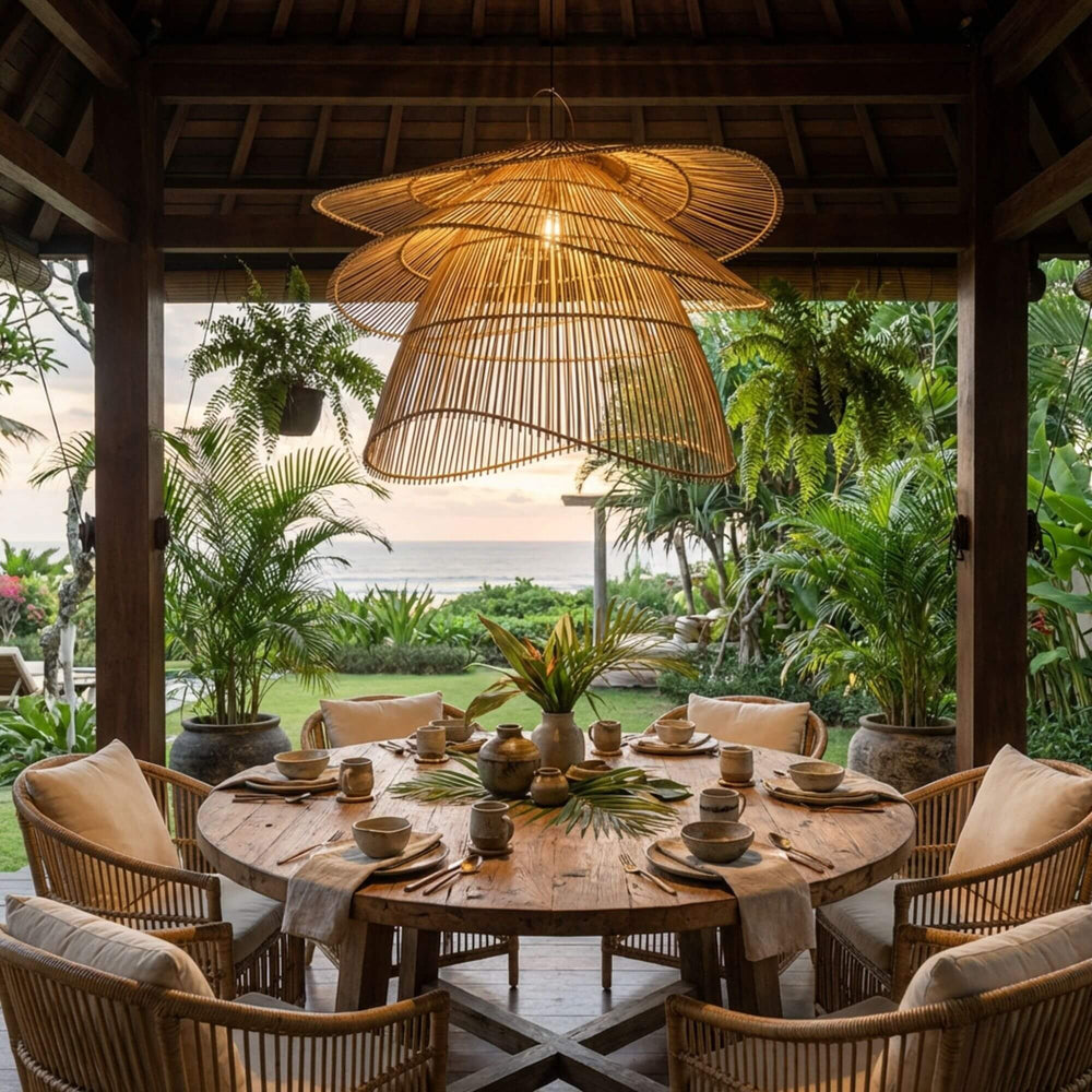 Outdoor dining setup with a Flamenco ceiling lamp,  wooden table and chairs under a thatched roof, surrounded by lush greenery.