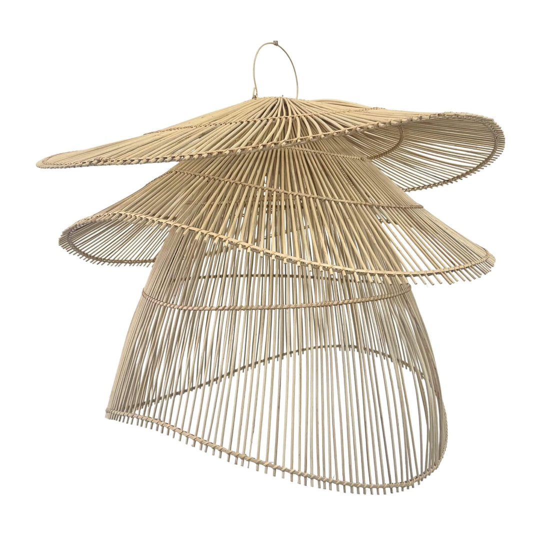Front view of Flamenco ceiling lamp with layered rattan tiers.