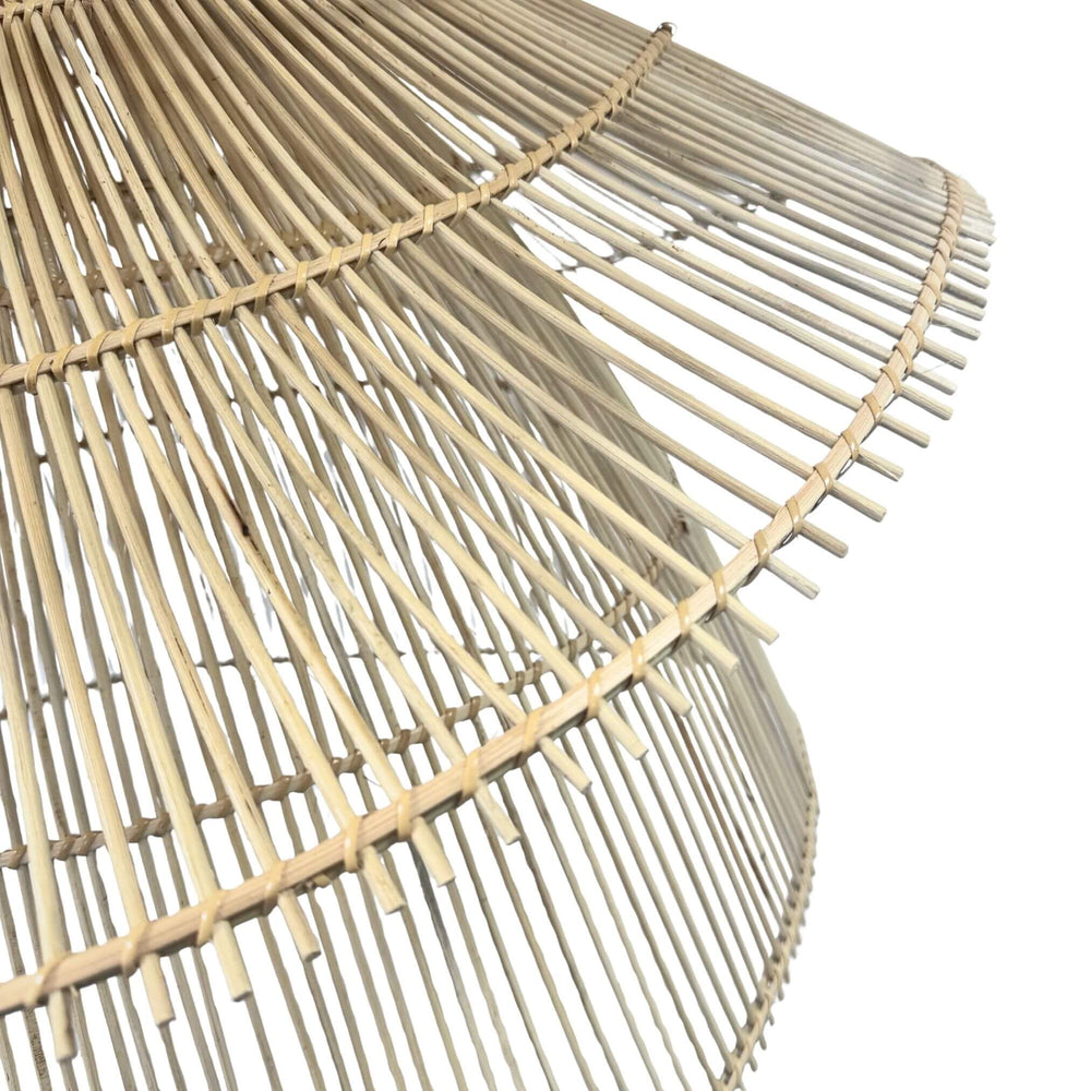 Side close-up showing fan-like tiered rattan structure