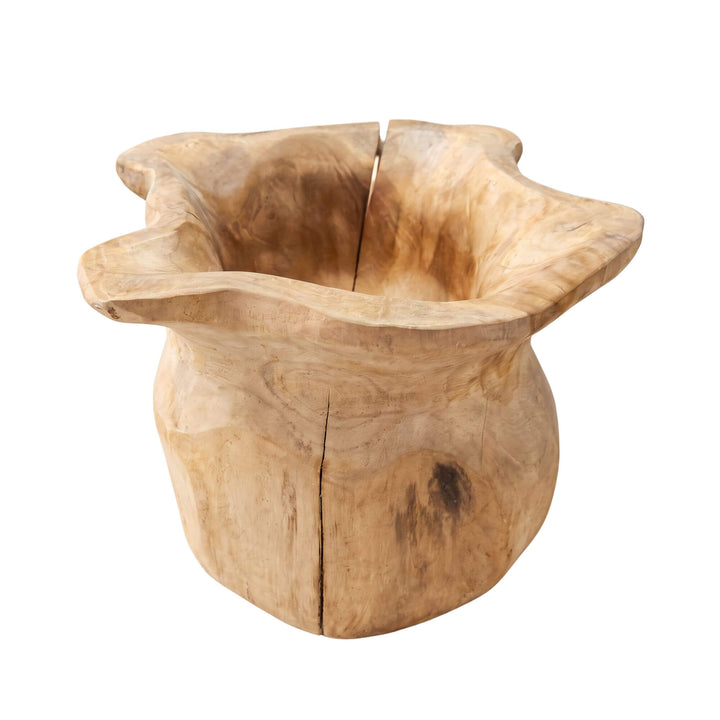 Front view of the Flor decorative pot carved from teak root wood with an organic petal-shaped rim