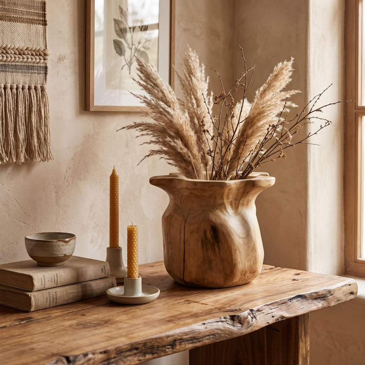 Flor teak root pot styled with dried grasses on a rustic wooden console in a warm Mediterranean interior