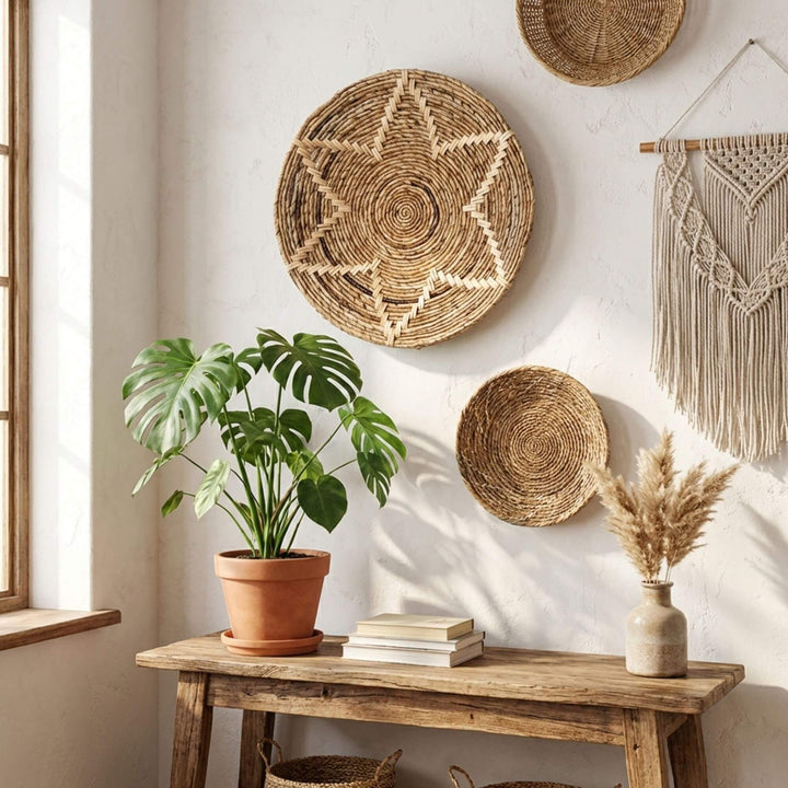 Nest interior with woven Flower wall deco plate, a plant, and a macrame wall hanging.
