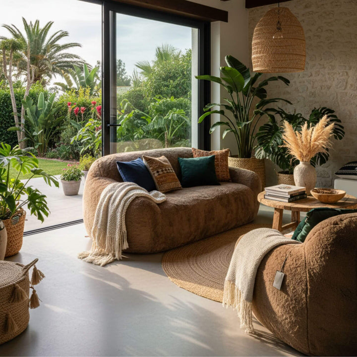 Fluff Sofa Taupe shown in a bright modern living room with plush texture.