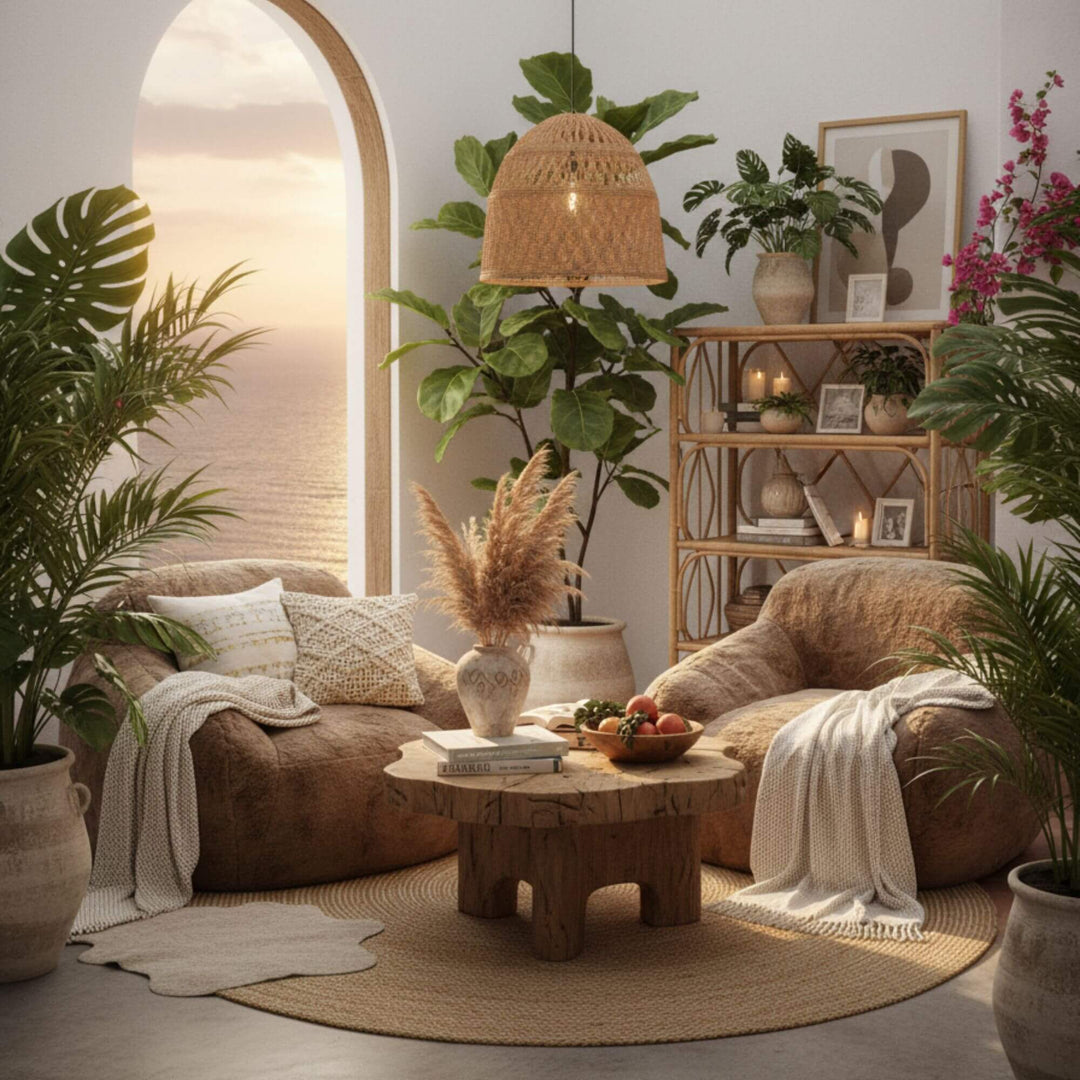 Cozy lounge setting featuring the taupe Fluff Sofa with natural décor.