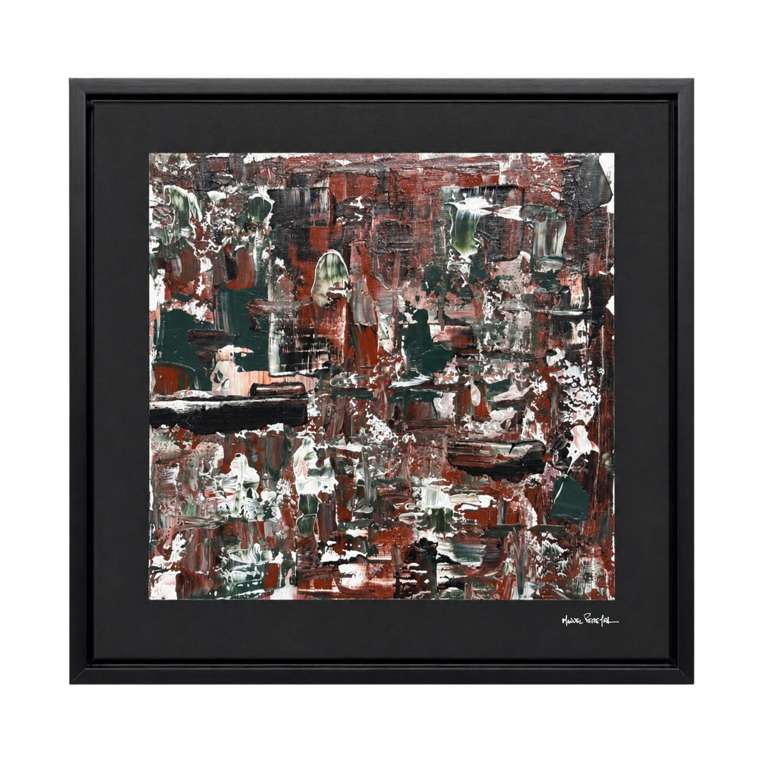 Front view of the Forest Echo original painting by Manuel Pereyra with layered forest green, rust, brown, black, and white abstract textures