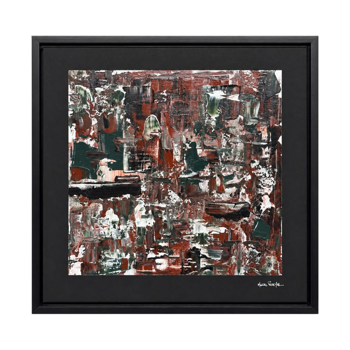 Front view of the Forest Echo original painting by Manuel Pereyra with layered forest green, rust, brown, black, and white abstract textures
