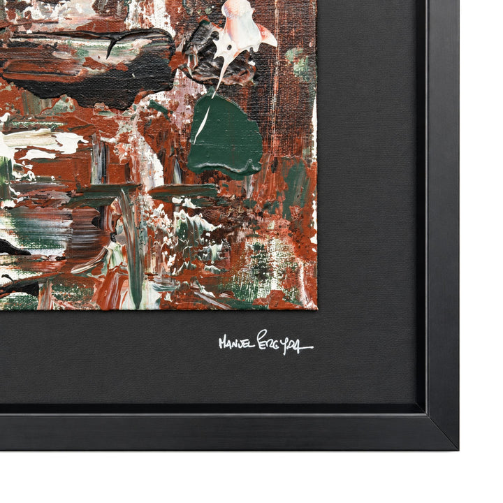 Close-up of the Forest Echo artwork showing its textured mixed-media surface, earthy green and rust tones, and artist signature
