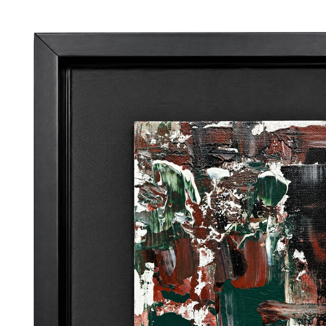 1. Close-up of the Forest Echo painting highlighting the layered brushwork, dark contrasts, and black wood frame