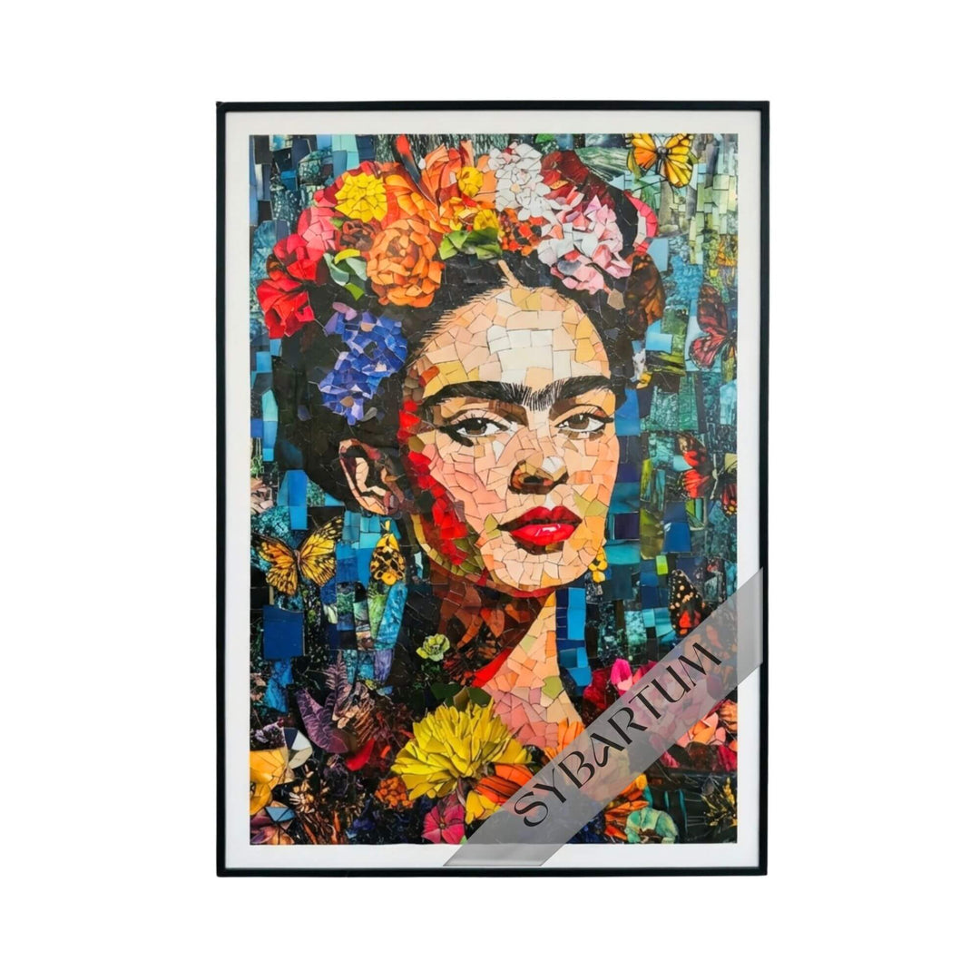 Front view of Frida Kahlo inspired mosaic artwork featuring vibrant colors and expressive portrait details.