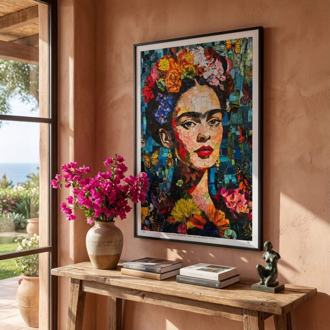 Styled interior setting with the artwork displayed above a console in a warm living space.