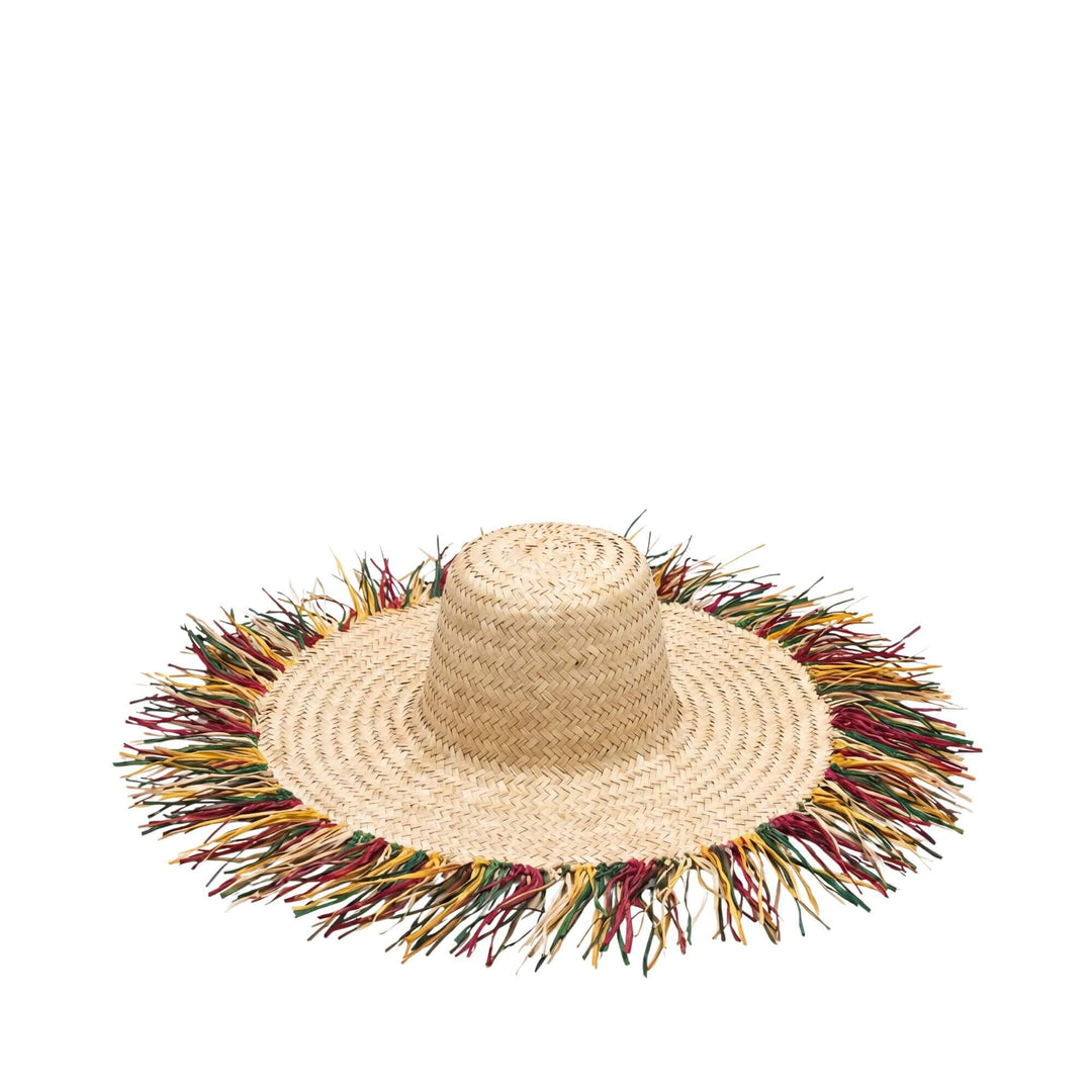 Front view of the fringe decorative straw hat showing its woven texture and multicolor fringe.