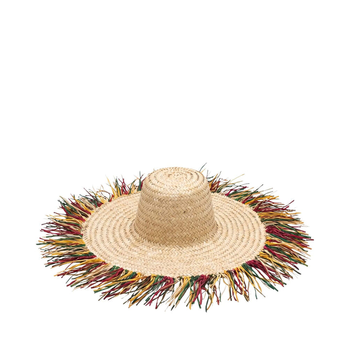 Front view of the fringe decorative straw hat showing its woven texture and multicolor fringe.