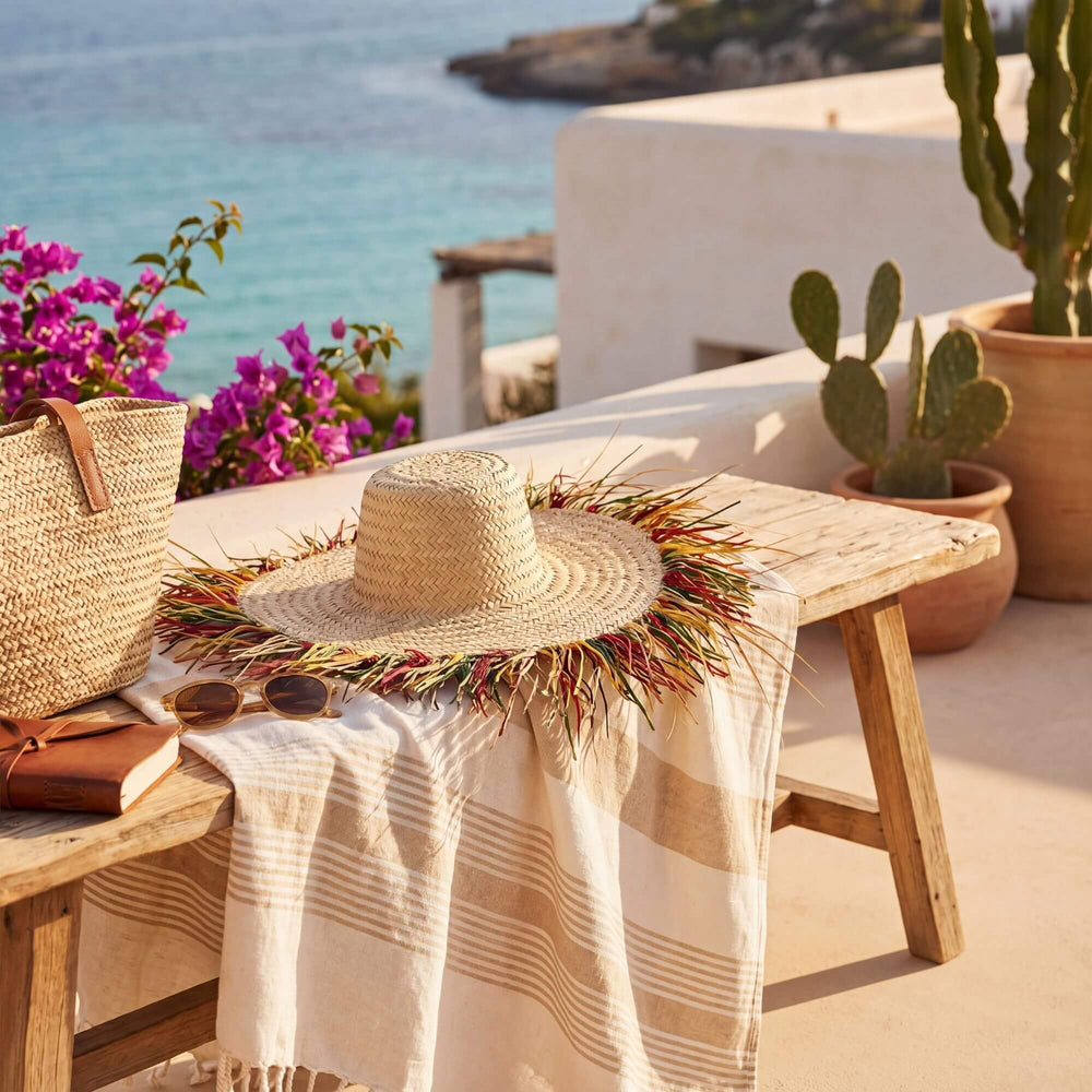 Styled outdoor-inspired setting featuring the decorative straw hat placed on a rustic wooden bench.