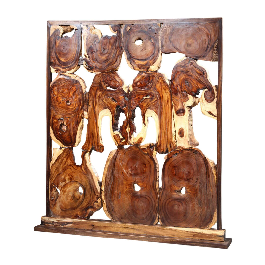 Front view of Fuji Divider made of solid suar wood with natural patterns and openings.