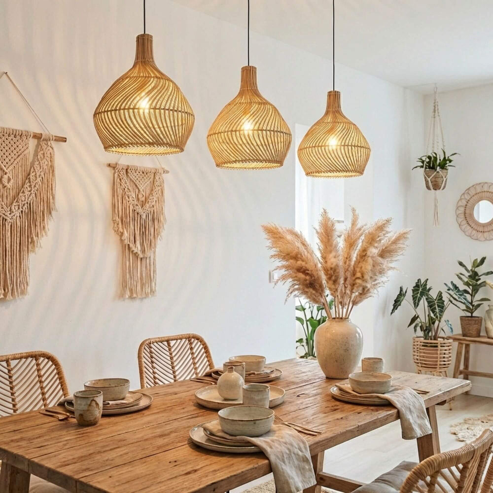 Styled dining space featuring multiple Fulhadoo ceiling lamps hanging above a wooden table.