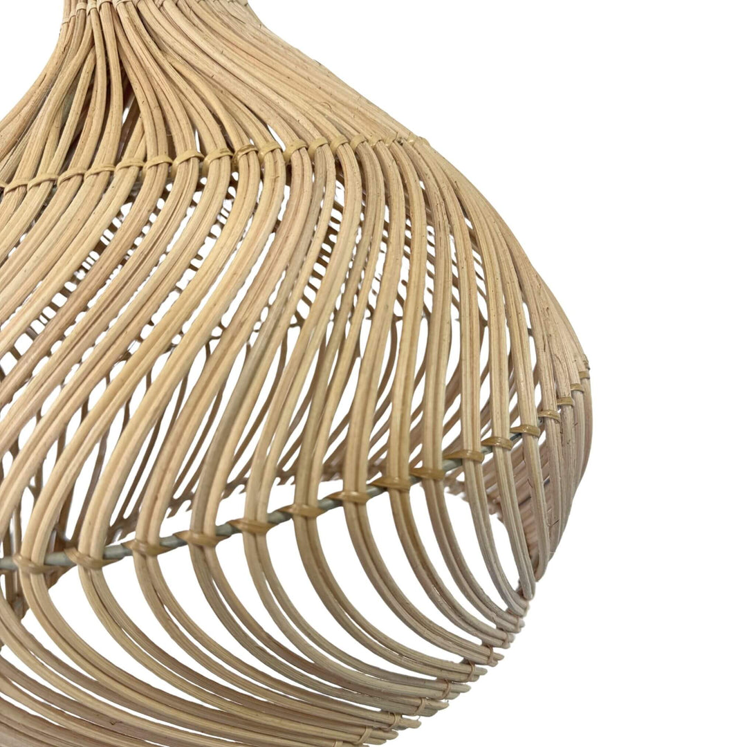 Side close-up angle of curved rattan weaving on Fulhadoo ceiling shade
