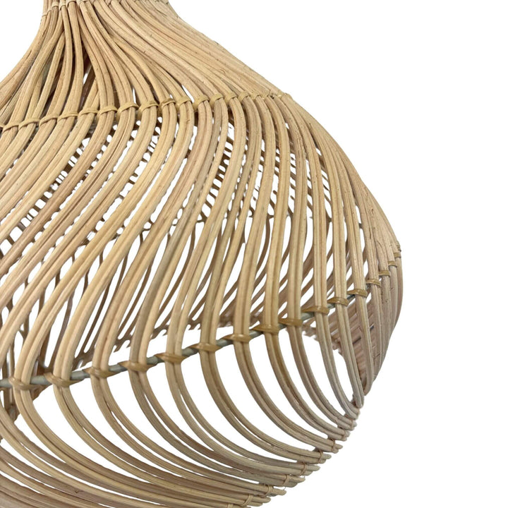 Side close-up angle of curved rattan weaving on Fulhadoo ceiling shade