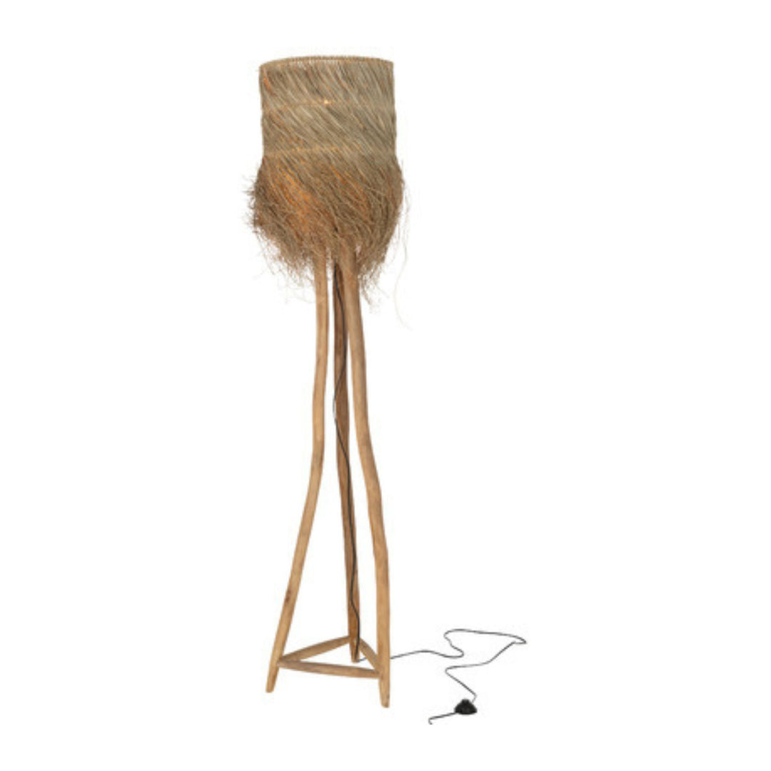 Fury Floor Lamp with tall teak tripod base and natural fiber shade.