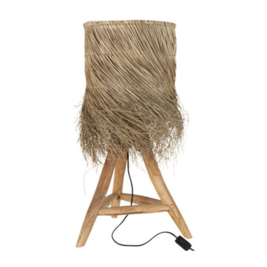 Front view of Fury Table Lamp with natural fiber shade and teak tripod base.