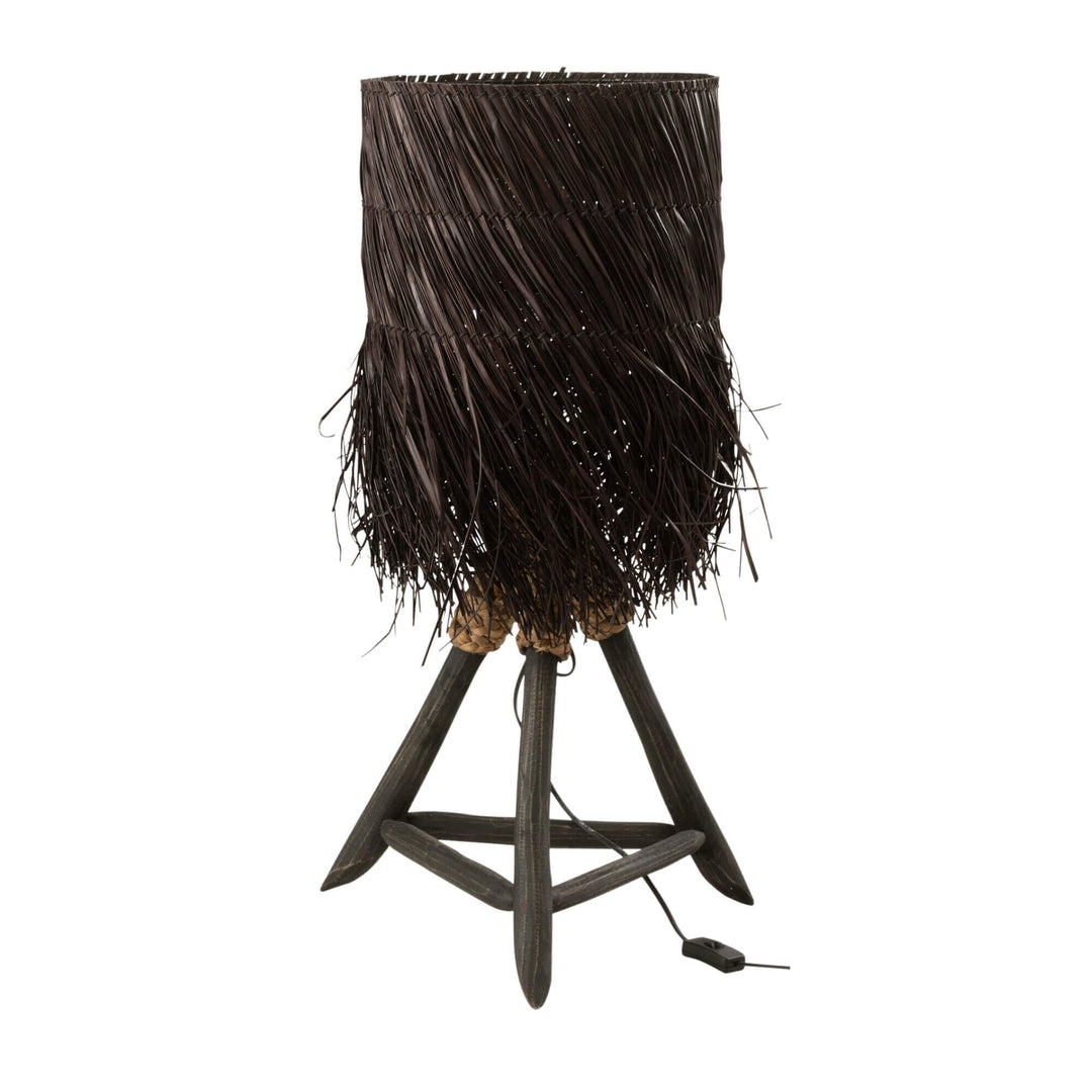 Decorative Fury table lamp with black fringed shade on a wooden stand against a white background