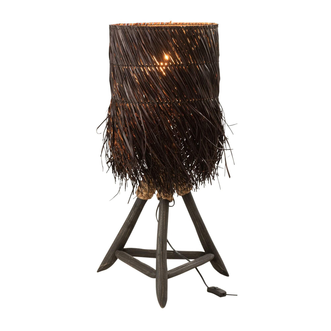Rattan Fury table lamp with wooden base on a white background