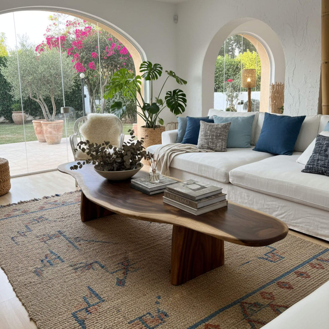 Living room setting featuring the Gaadhoo Coffee Table with natural Mediterranean décor.