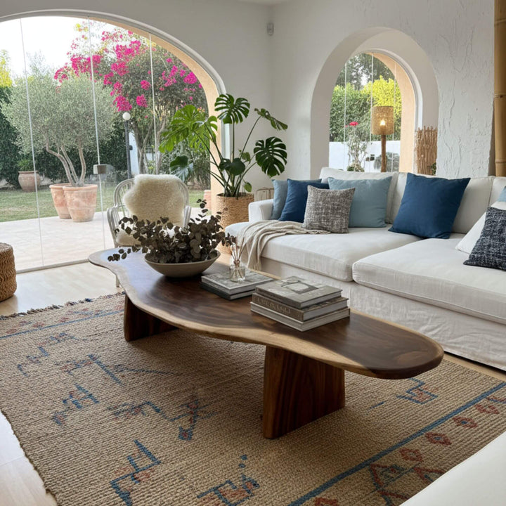 Living room setting featuring the Gaadhoo Coffee Table with natural Mediterranean décor.