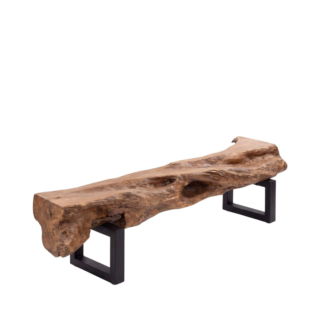 Front view of the Gandalf teak wood bench showing its sculptural root top and black iron base.