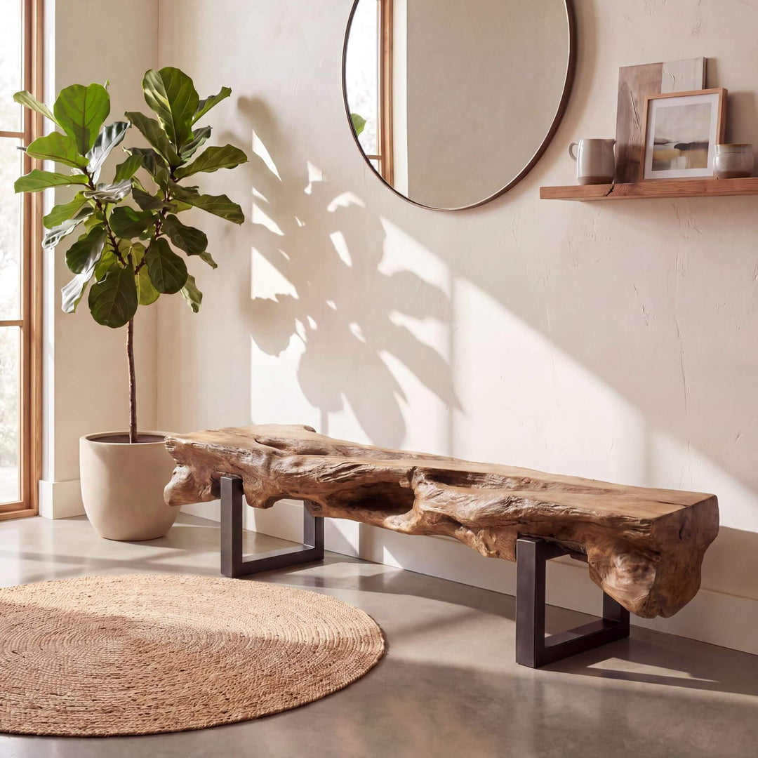 Styled interior setting featuring the Gandalf bench in a natural entryway with warm decor.