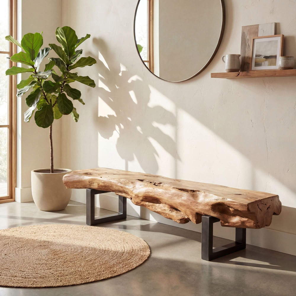 Styled interior setting featuring the Gandalf bench in a natural entryway with warm decor.