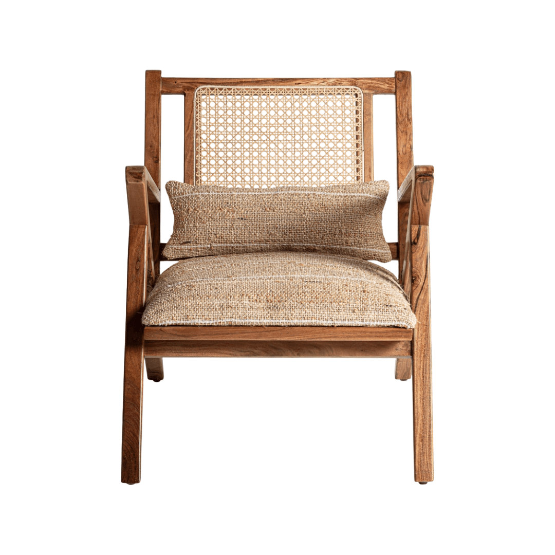 Front view of lounge chair with cotton and jute cushion seat