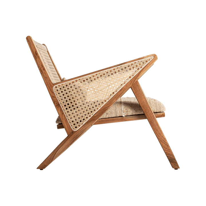 Side profile view highlighting the angular teak wood structure and rattan side panel
