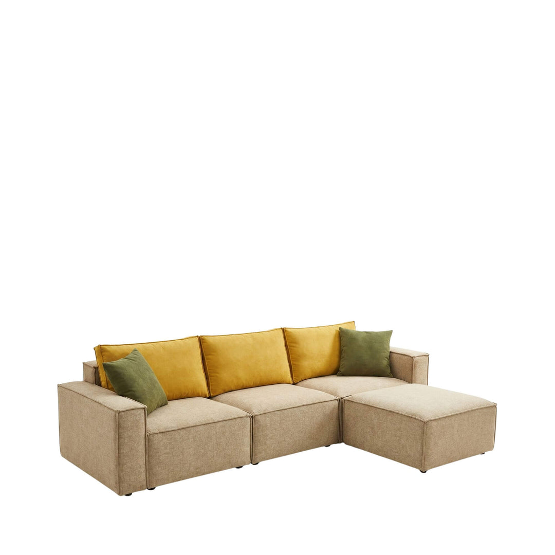 Front view of the Garda sofa showing its modular L-shaped design and neutral recycled fabric upholstery.