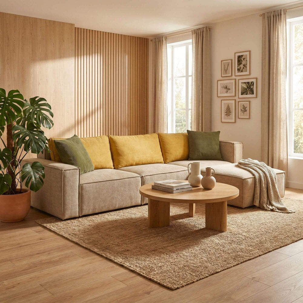 Styled living room setting featuring the Garda sofa with ochre and olive accent cushions in a warm natural interior.